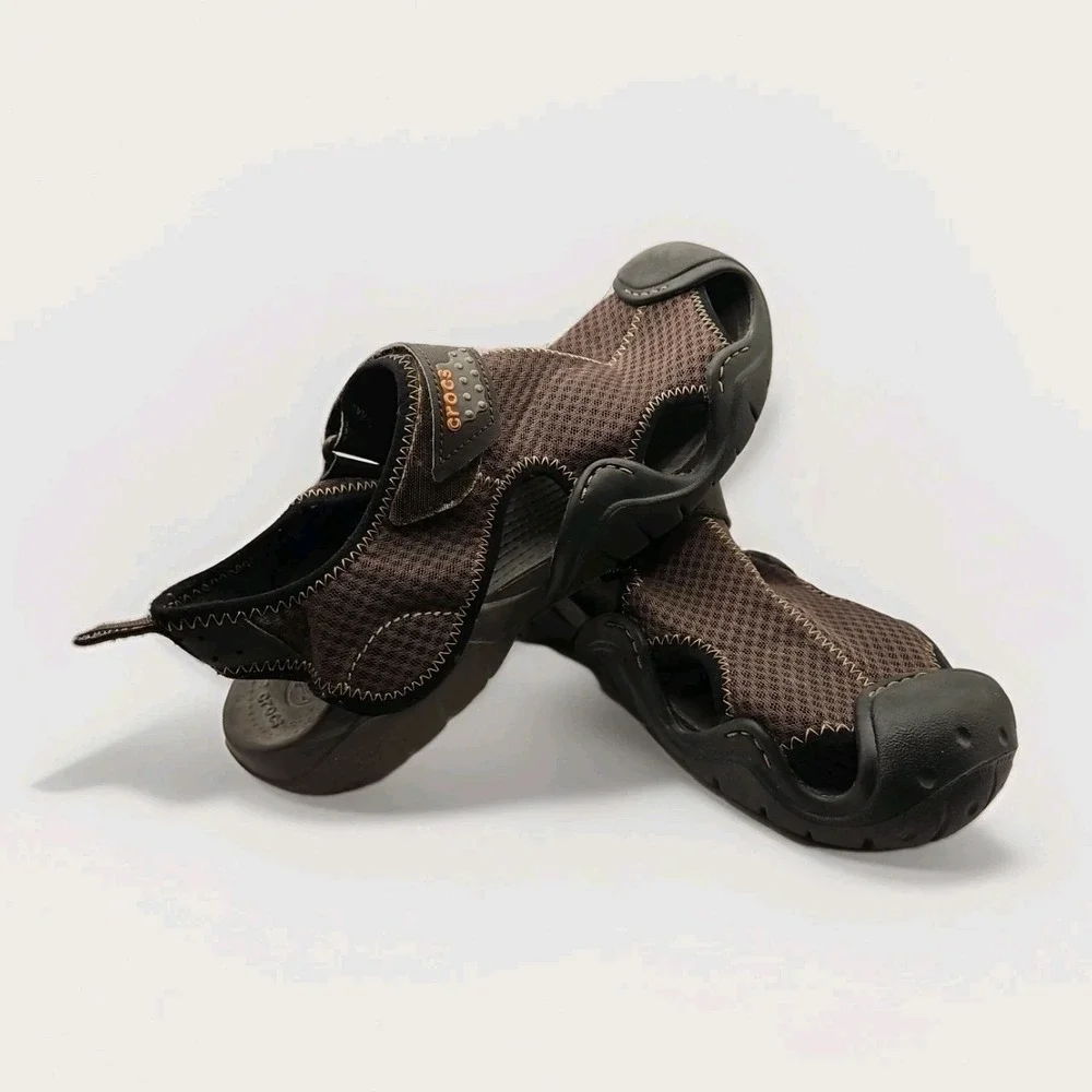 Crocs Swiftwater Mesh Fisherman Deck Sandals Brown Men's 11 Water Shoes #401